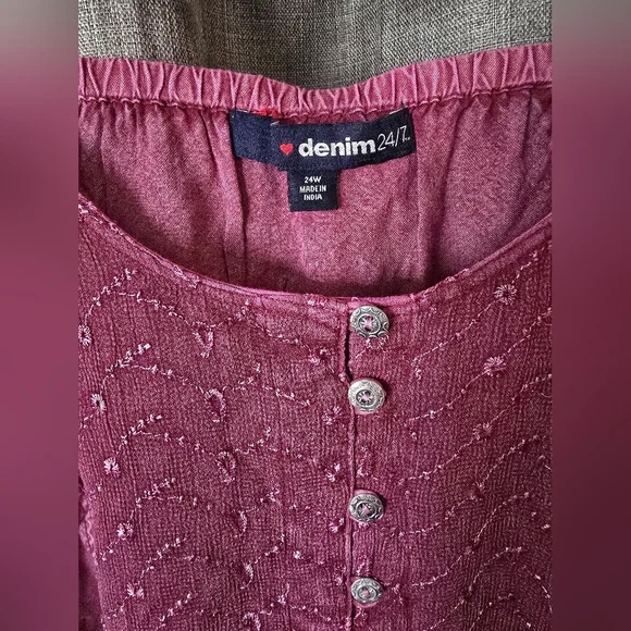 Denim24/7 Blouse Short Sleeve Button Down Embroidered Pink Sz 24W Boho Fairy - Picture 4 of 6
